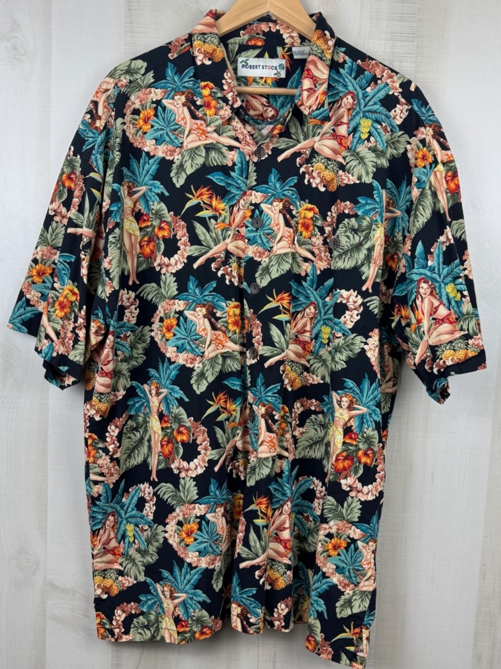 Vintage Robert Stock Men’s Hawaiian Shirt Pin Up Hula Girls Black Floral XL FLAW
